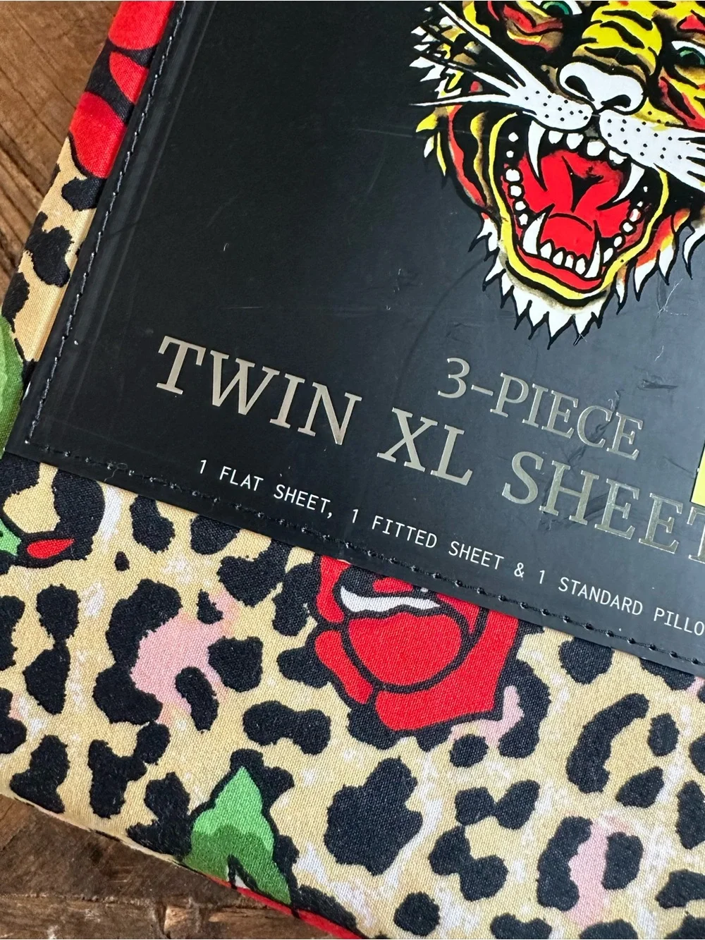 Ed Hardy Leopard & Rebel Rose Twin XL Sheet Set in Red, Green, Cream, Black